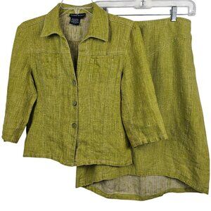 Tristan & Iseut Womens 8/M Green Linen 2PC Skirt Suit Set Blazer Business Career